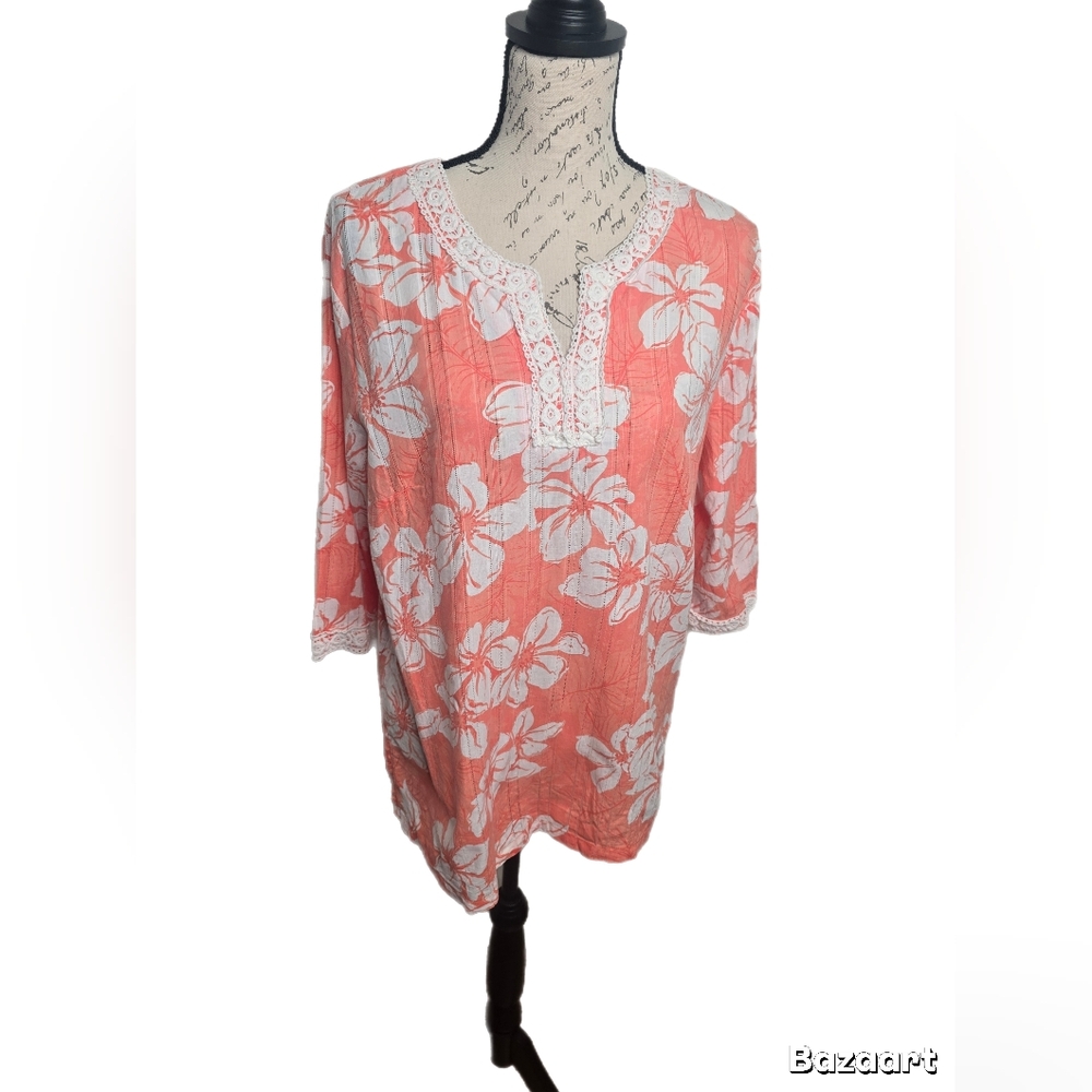 Rebecca Malone 100% Cotton Floral Beach Casual Coral & White Women's Top- L
